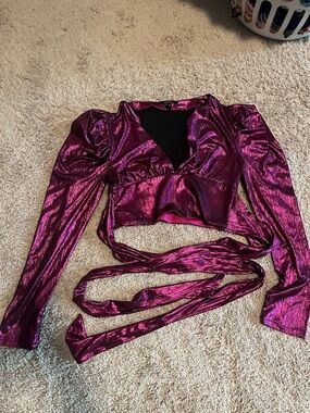 Forever 21 Metallic Magenta Wrap Crop Top with Long Sleeves